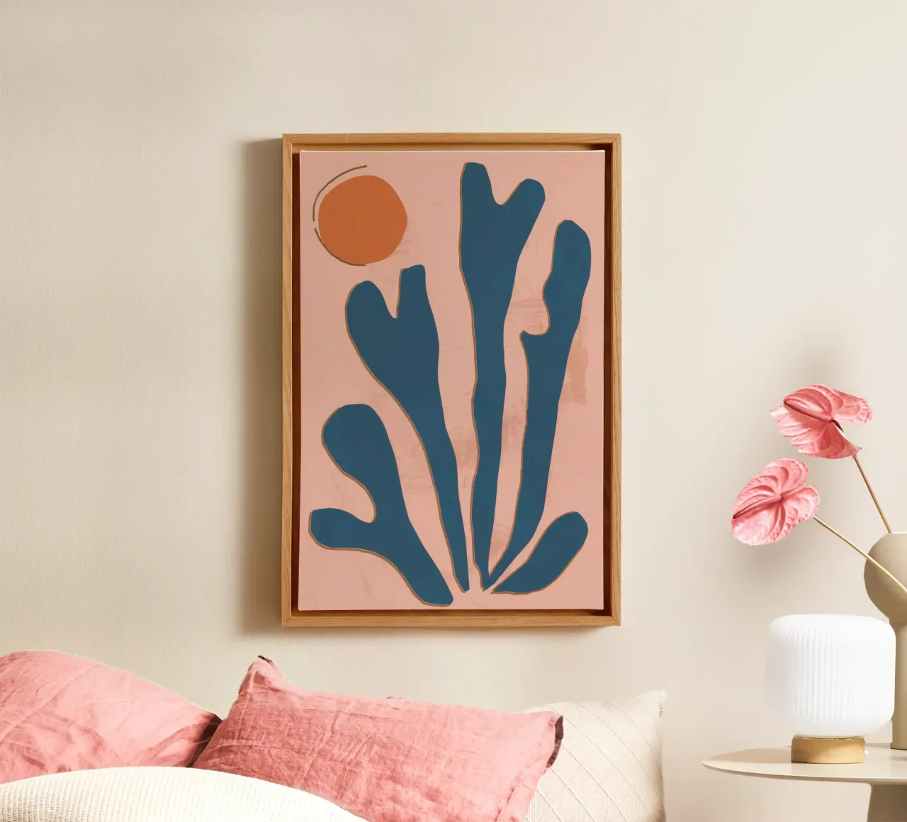 Blauw blad abstract canvas met Baklijst van Irish Strokes
