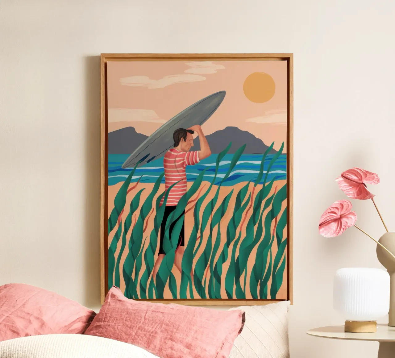 Zonsondergang Surf Serenity canvas met Baklijst van Selene Shade
