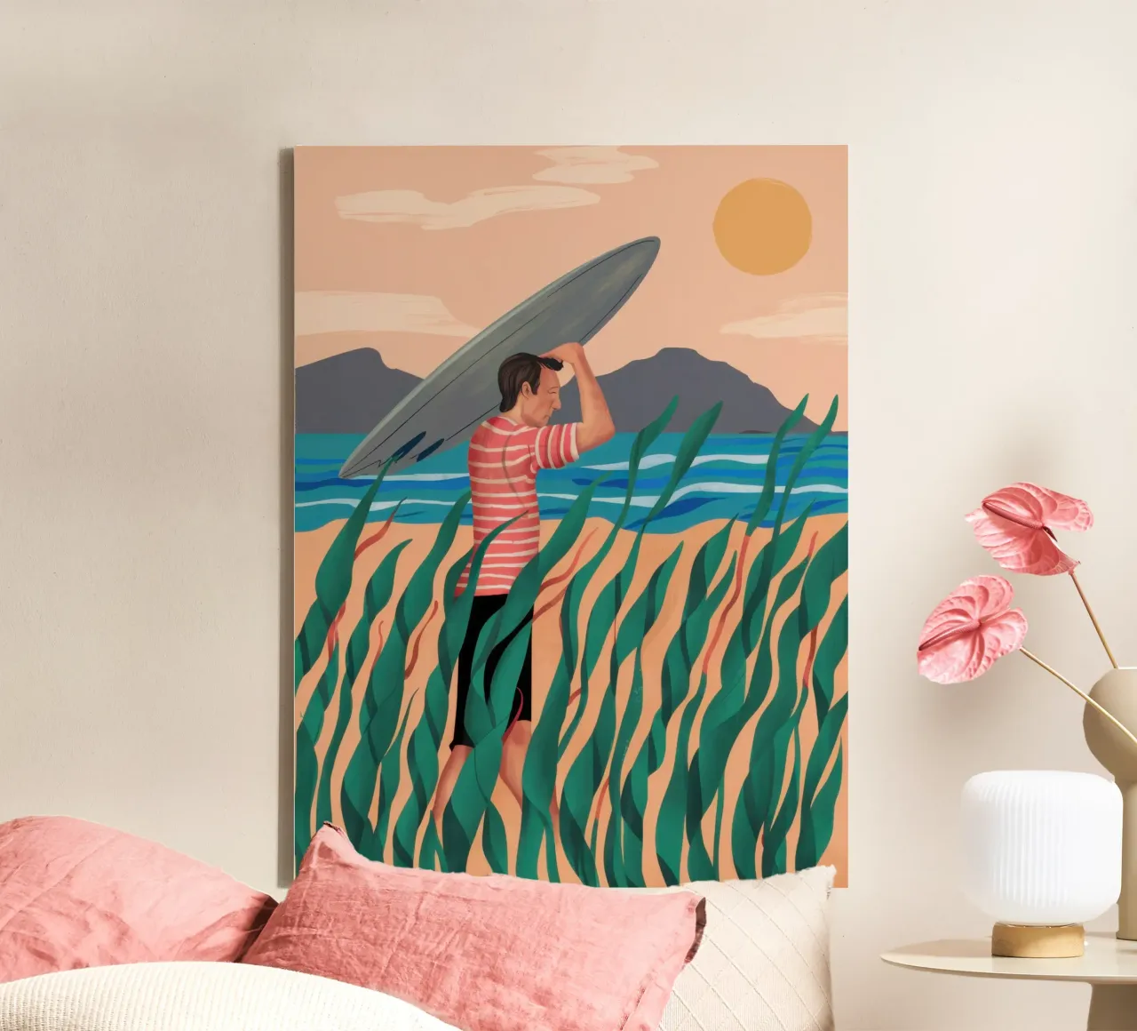 Zonsondergang Surf Serenity canvas met Baklijst van Selene Shade