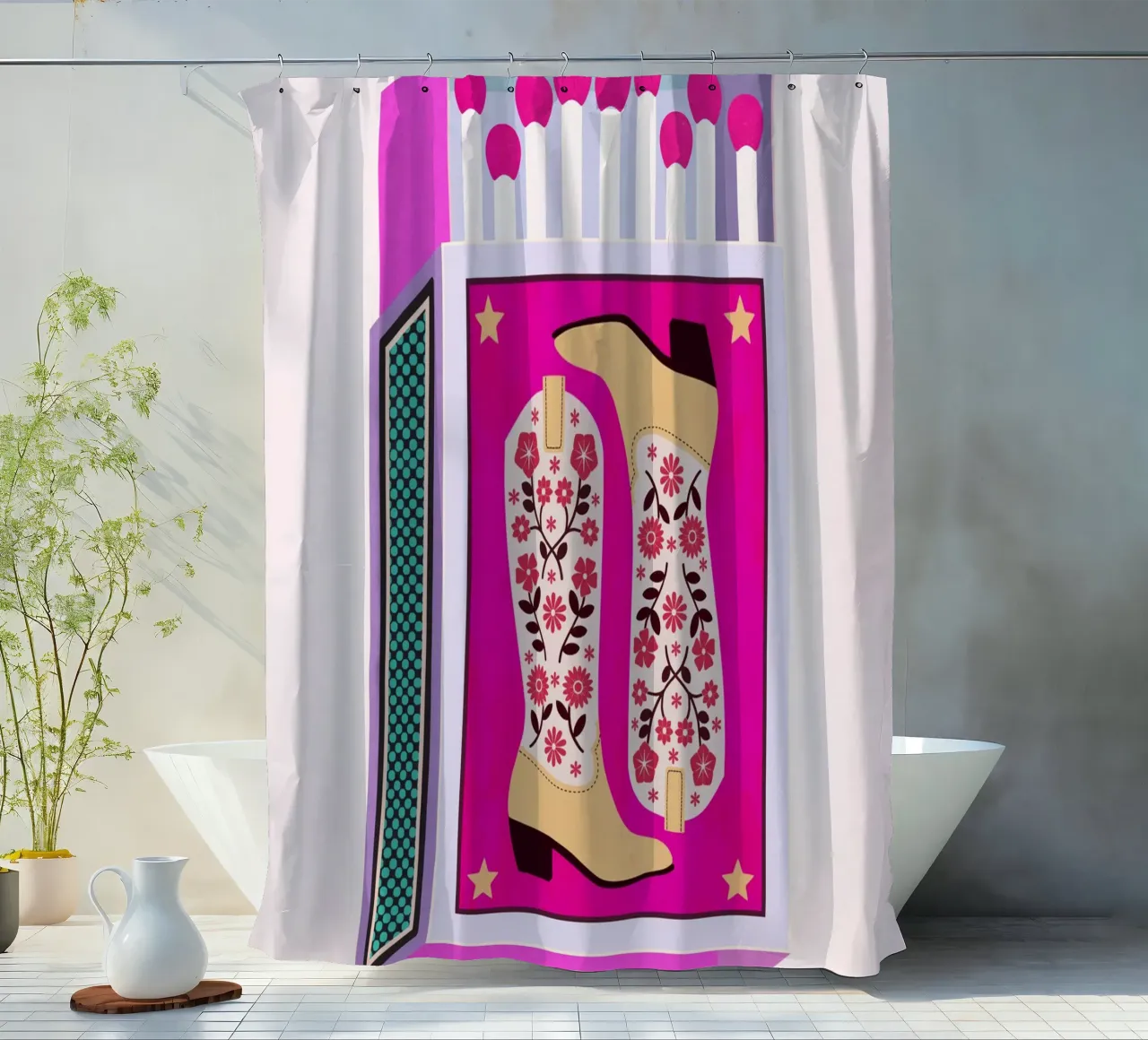 Botas vaqueras retro Matchbox magenta cortina de baño de Asha Designs