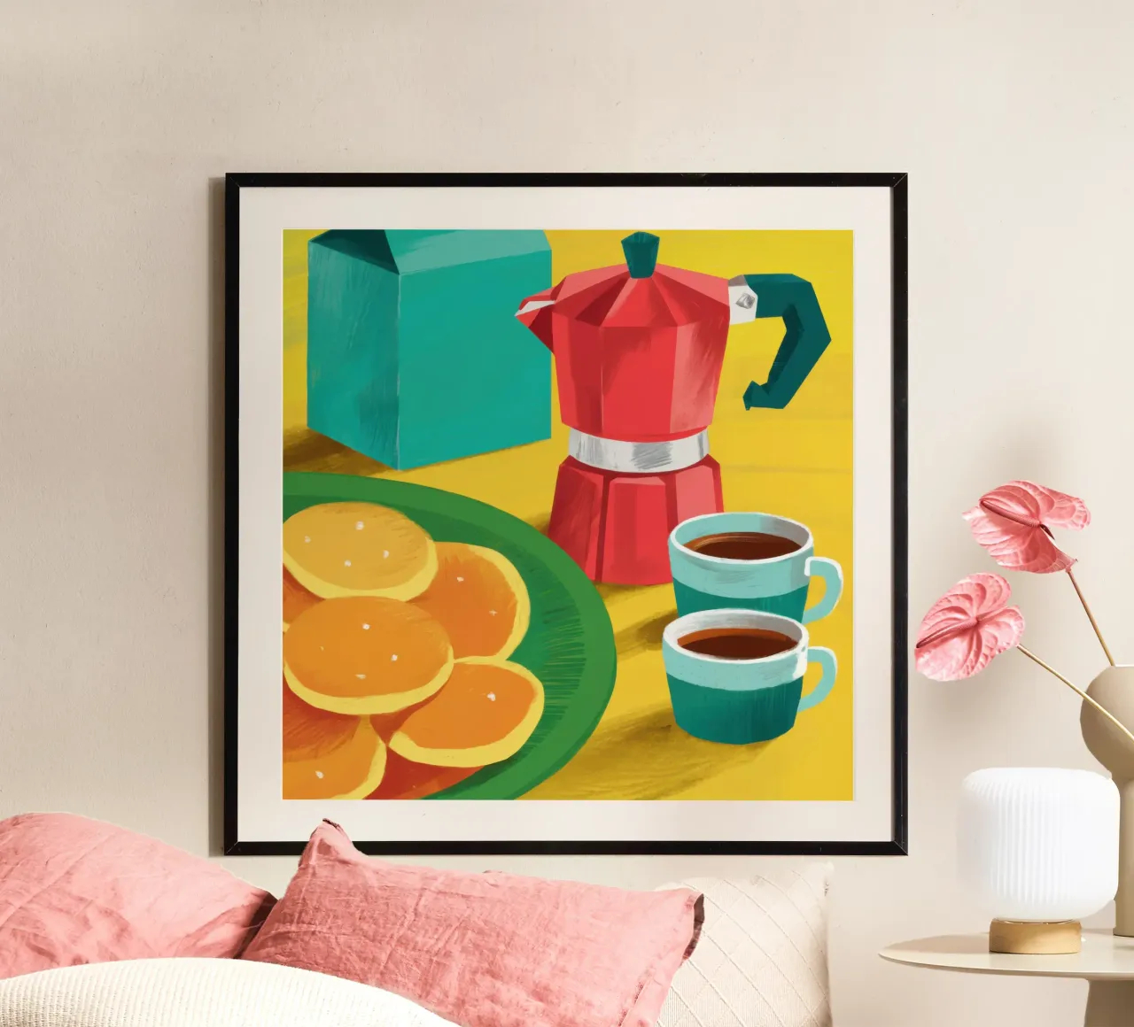 Mattina in caffettiera Moka poster con telaio in legno da Selene Shade