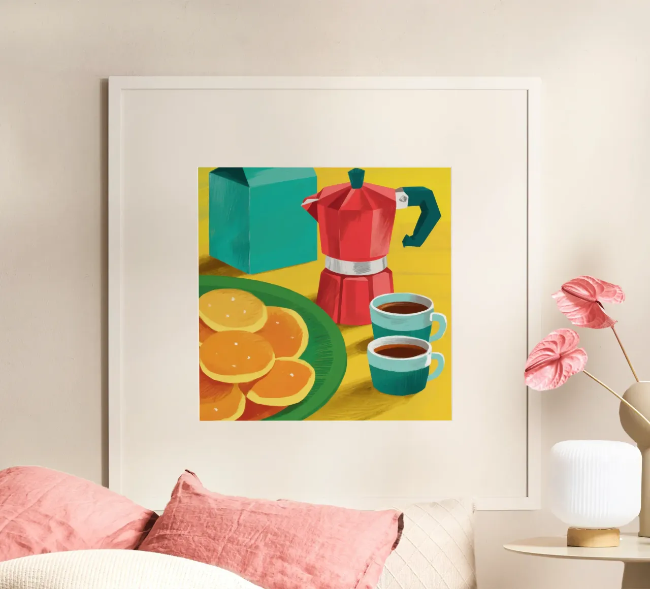 Mattina in caffettiera Moka poster con telaio in legno da Selene Shade