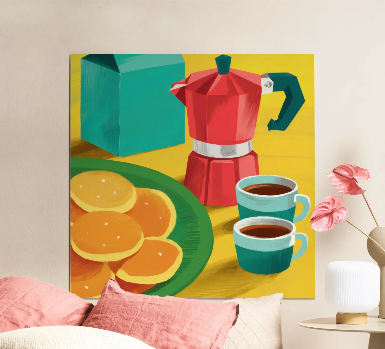 Mattina in caffettiera Moka poster con telaio in legno da Selene Shade