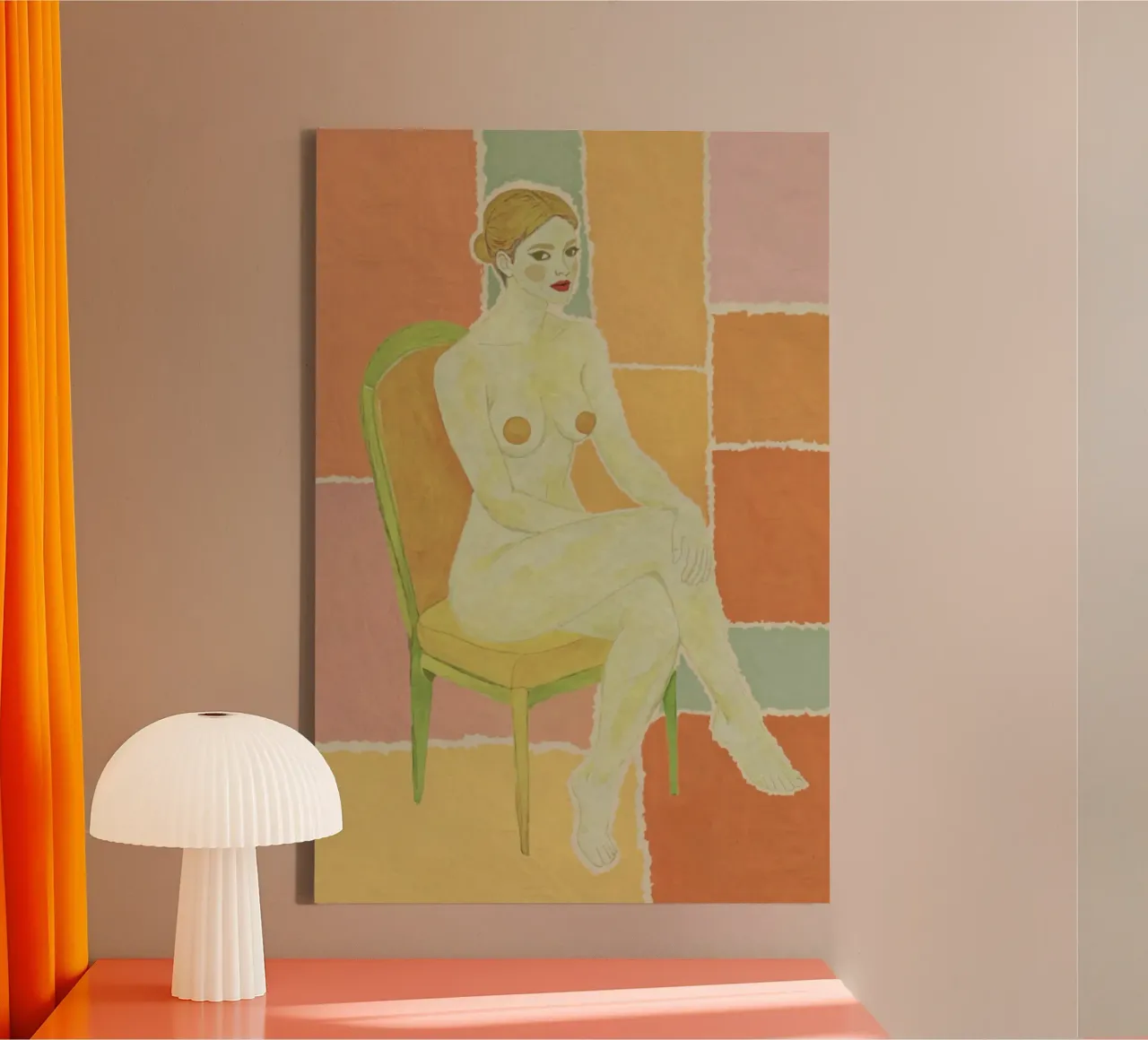 Donna nuda in poltrona, tavolozza di colori retrò, Pop Art moderna tela con Cornice a cassetta da Hecate Pim Designs