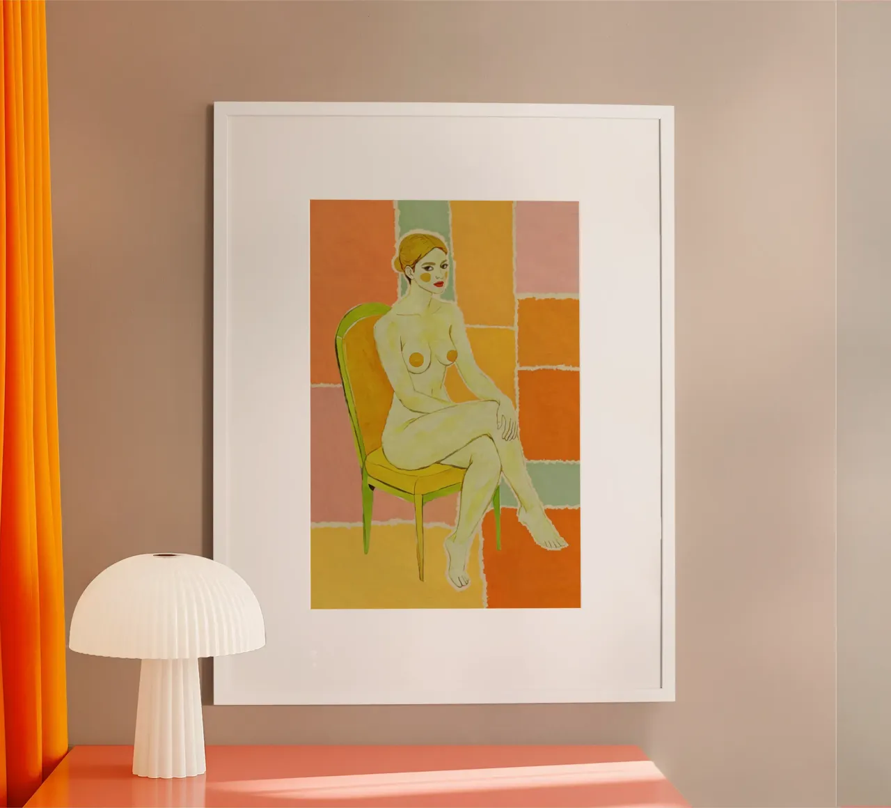 Donna nuda in poltrona, tavolozza di colori retrò, Pop Art moderna poster con telaio in plastica da Hecate Pim Designs