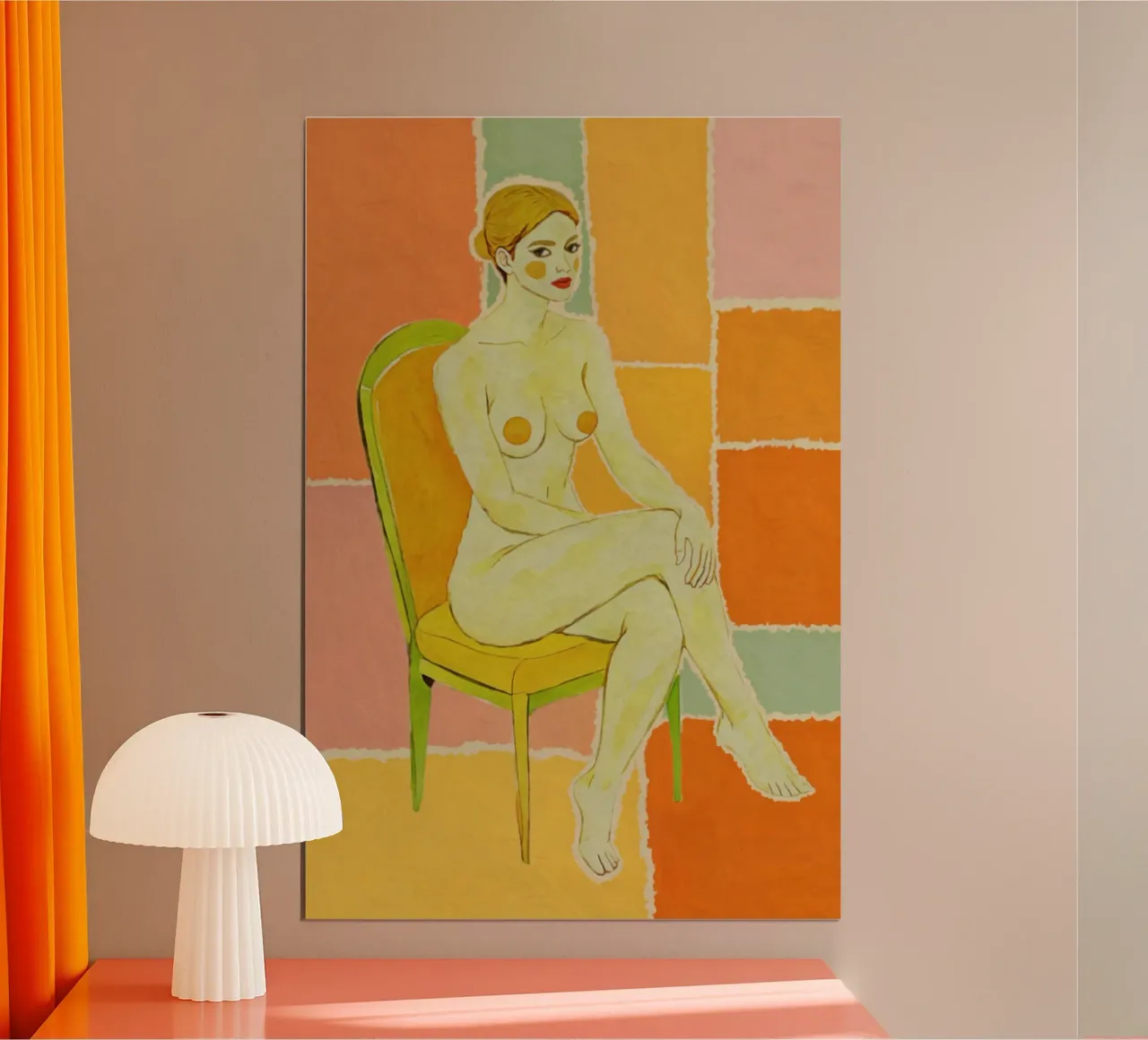 Donna nuda in poltrona, tavolozza di colori retrò, Pop Art moderna poster con telaio in plastica da Hecate Pim Designs