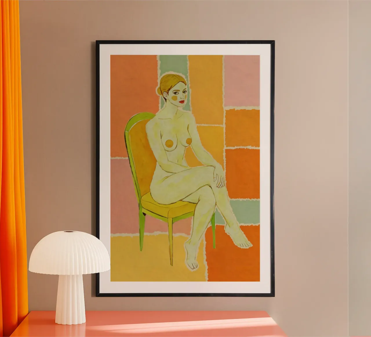 Donna nuda in poltrona, tavolozza di colori retrò, Pop Art moderna poster con telaio in plastica da Hecate Pim Designs