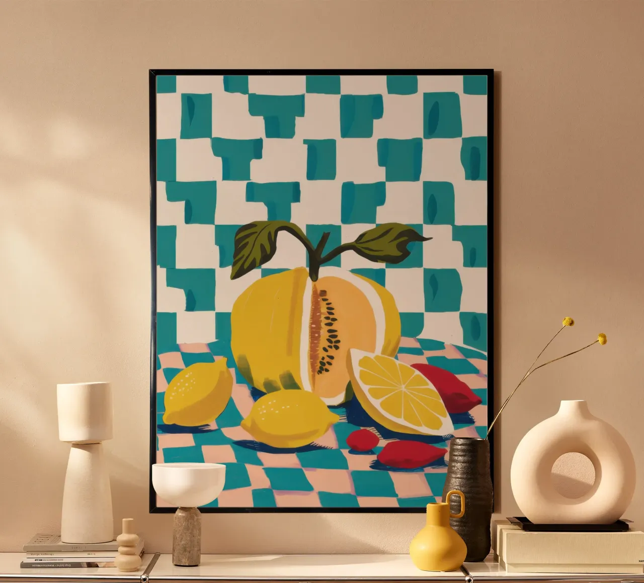 Zeste di limone a scacchiera poster con telaio in plastica da Gaia Viesta