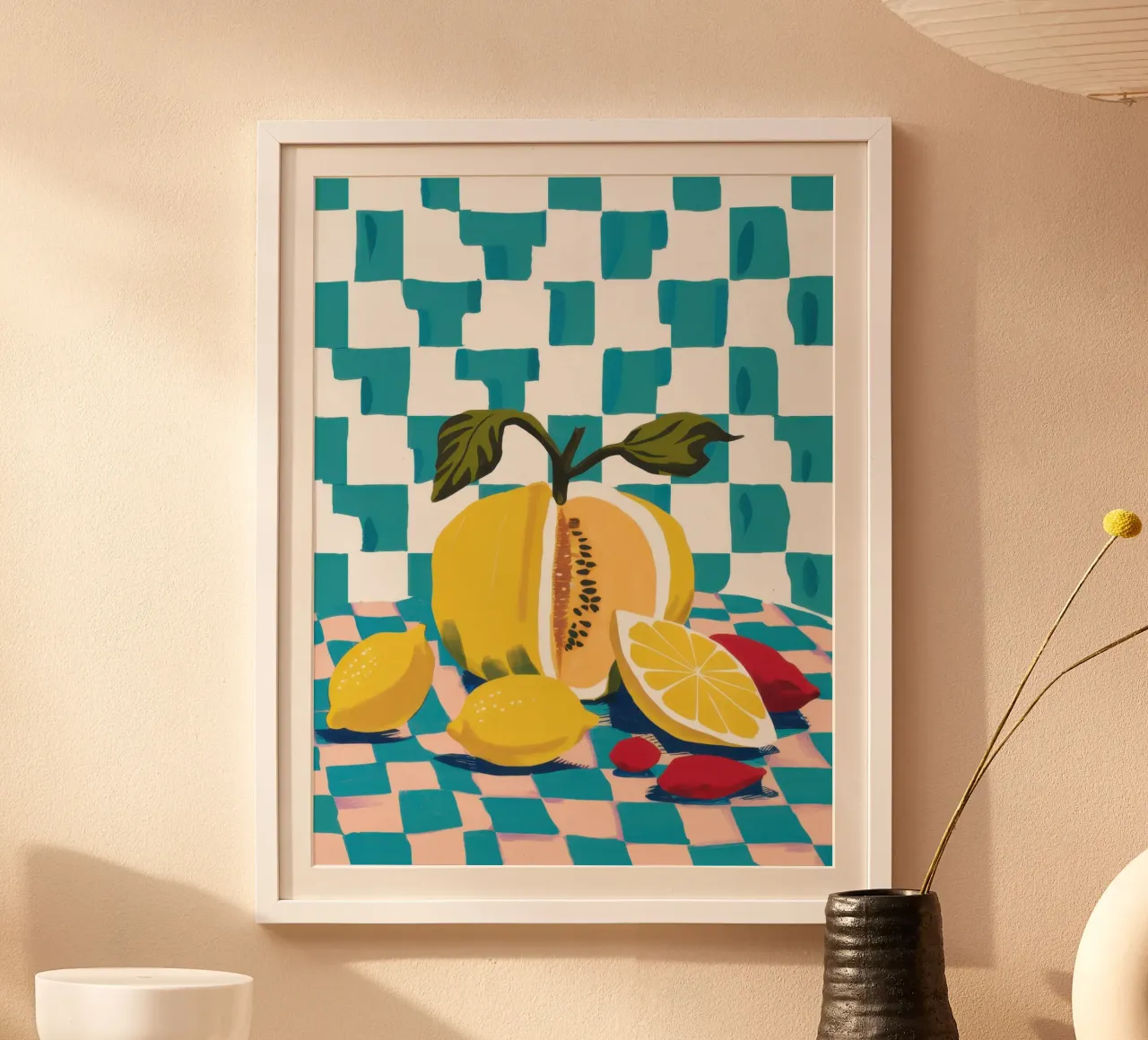 Zeste di limone a scacchiera poster con telaio in plastica da Gaia Viesta