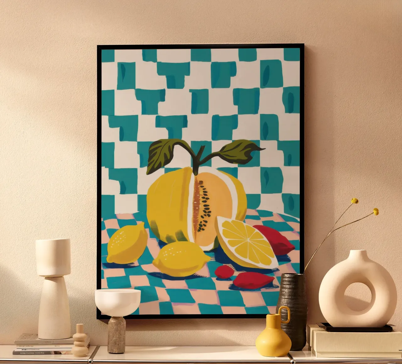 Zeste di limone a scacchiera poster con telaio in plastica da Gaia Viesta