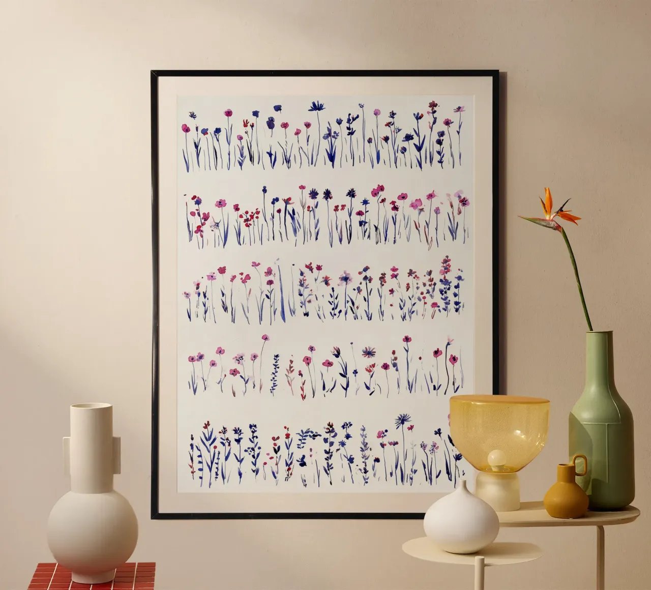 Linee di fiori selvatici poster con telaio in plastica da Sophia Calder Studio