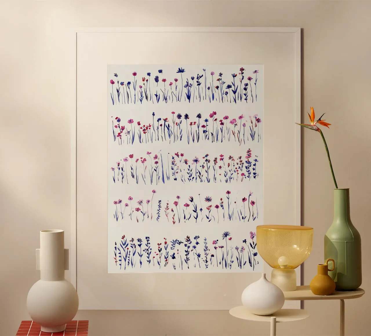 Linee di fiori selvatici poster con telaio in plastica da Sophia Calder Studio