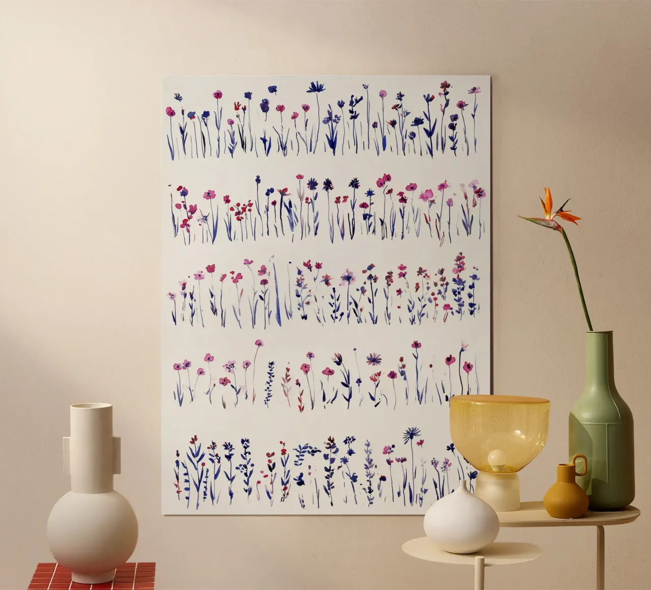 Linee di fiori selvatici poster con telaio in plastica da Sophia Calder Studio