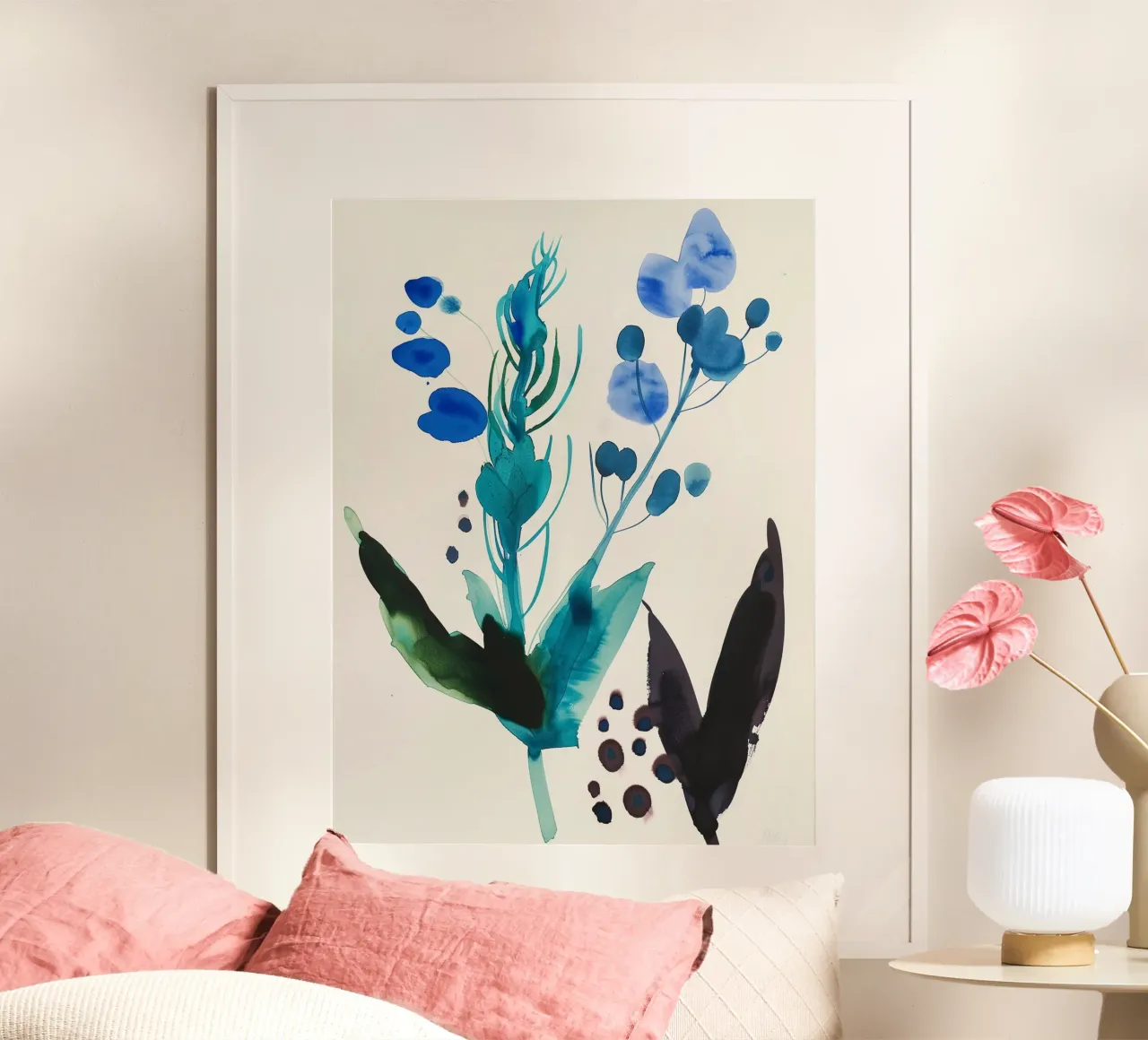 Studio del giardino blu poster con telaio in alluminio da Sophia Calder Studio