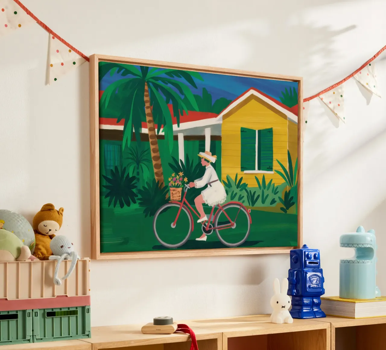 Gele Huis Fietser canvas met Baklijst van Trace Brush
