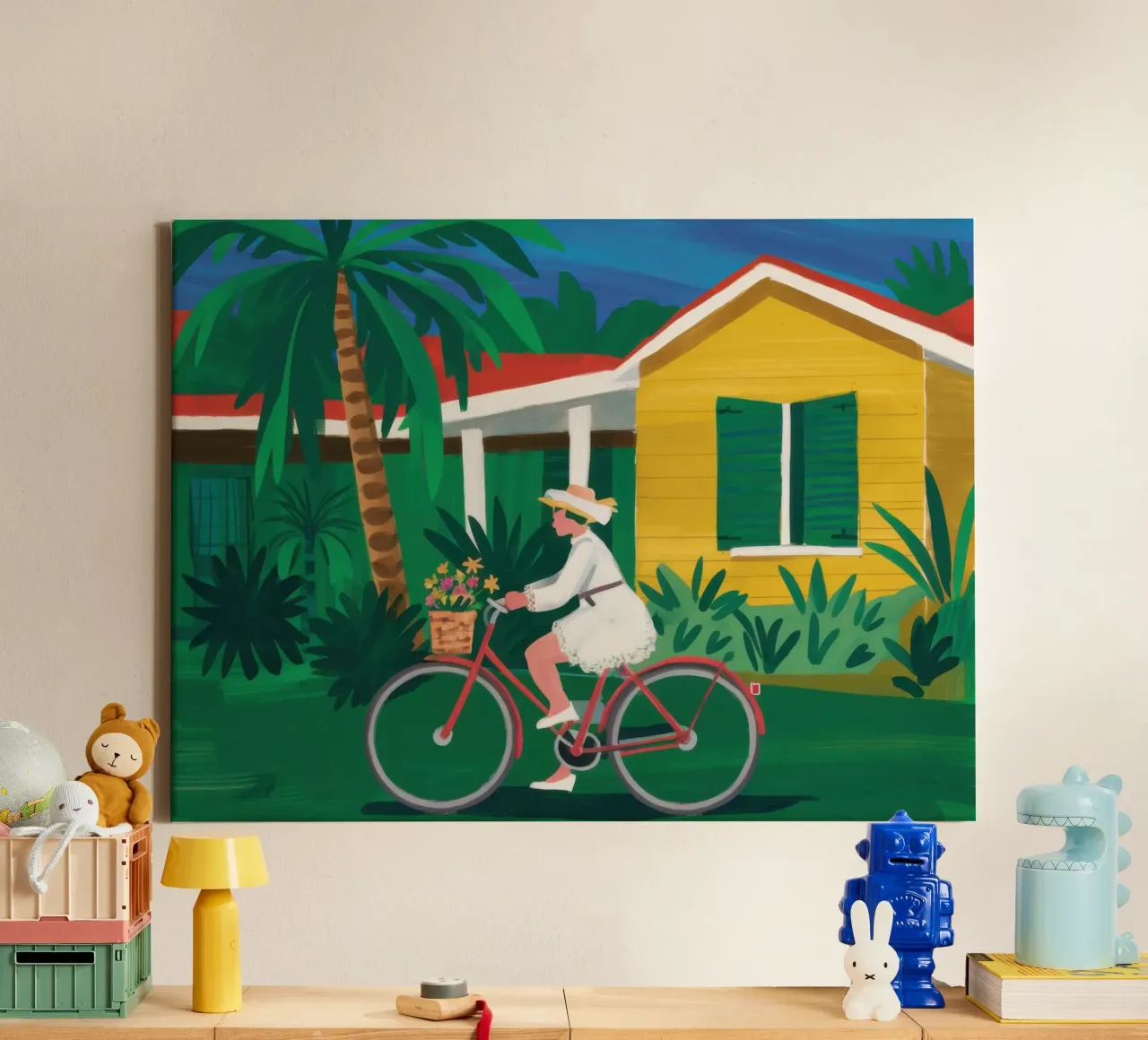 Gele Huis Fietser canvas met Baklijst van Trace Brush