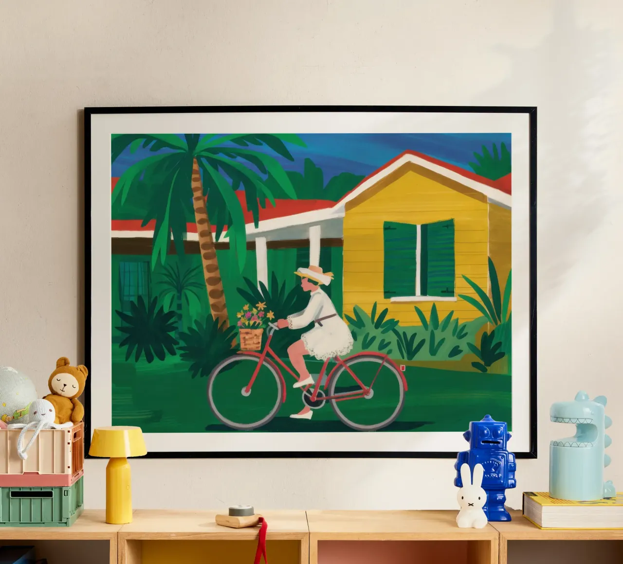 Ciclista della Casa Gialla poster con telaio in legno da Trace Brush