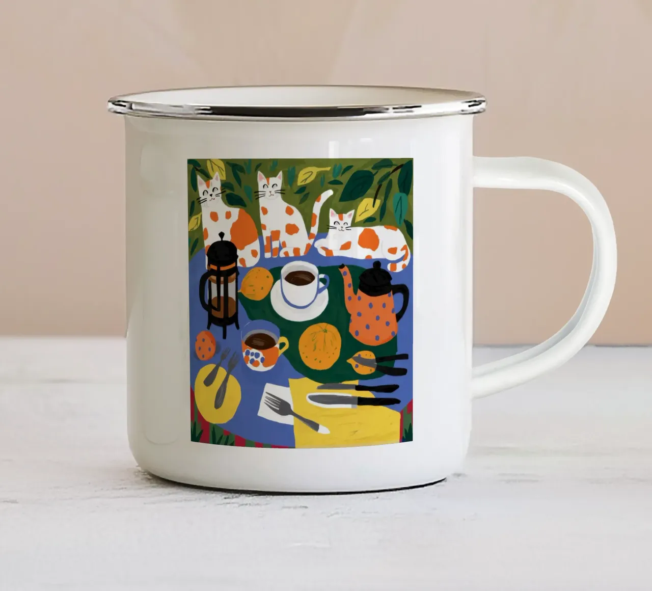 Caos nella colazione felina tazza in smalto da Trace Brush