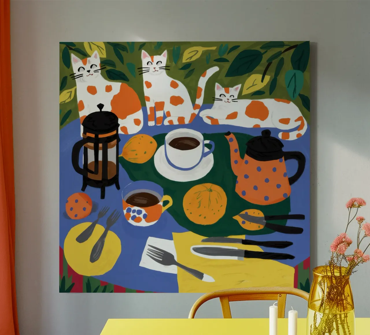 Chaos bij het kattenontbijt canvas met Baklijst van Trace Brush