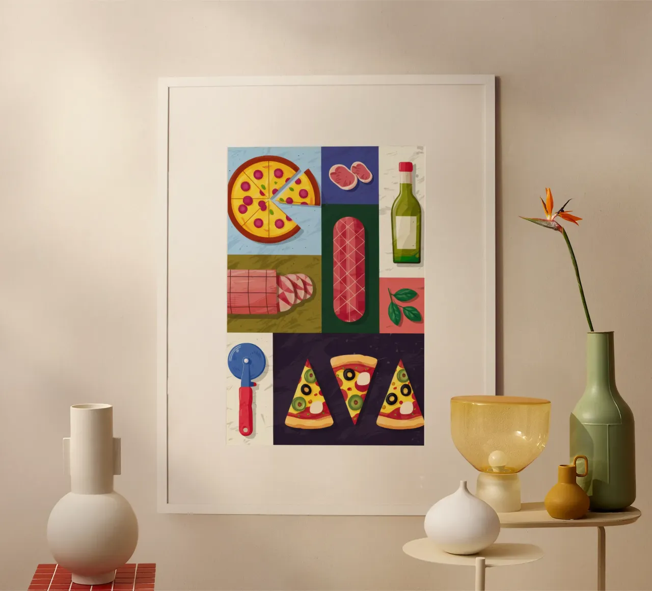 Pizza Party Flatlay poster con telaio in plastica da Luna Aura