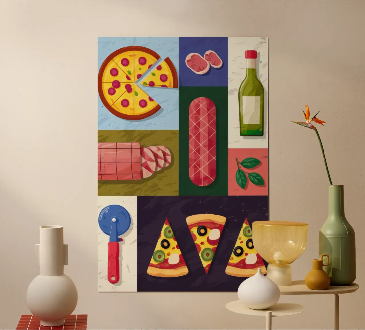 Pizza Party Flatlay poster con telaio in plastica da Luna Aura
