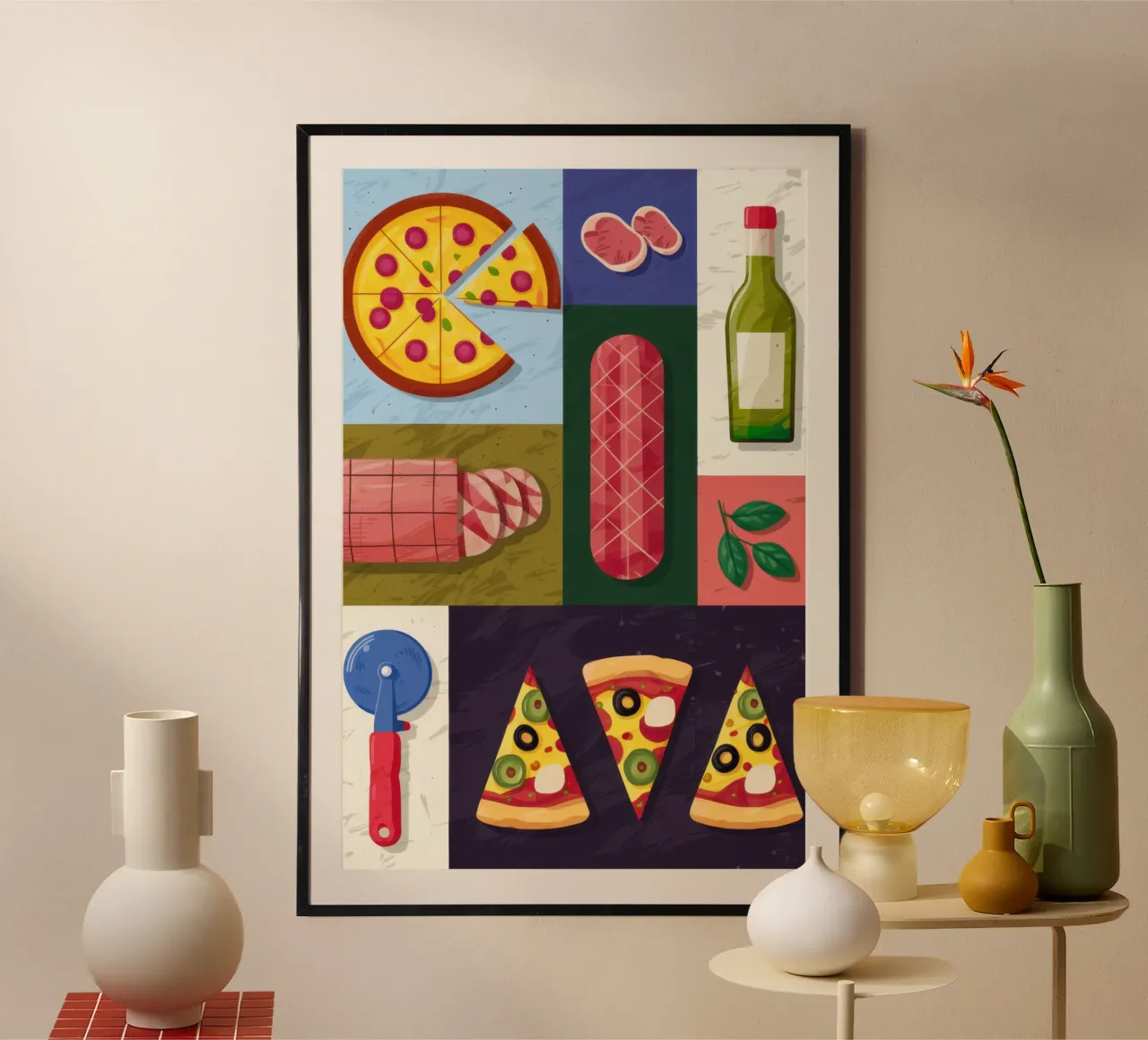 Pizza Party Flatlay poster con telaio in plastica da Luna Aura