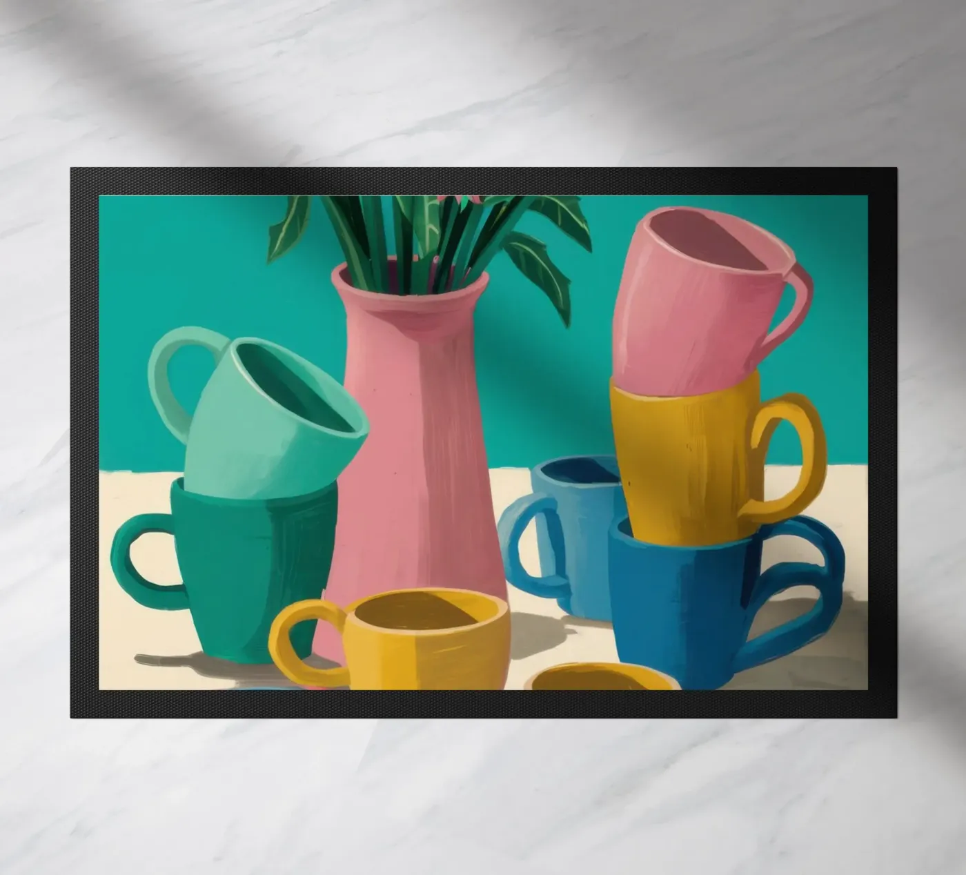 Colorful Mug Stack doormat by Trace Brush