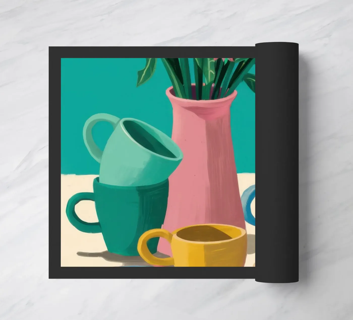 Colorful Mug Stack doormat by Trace Brush