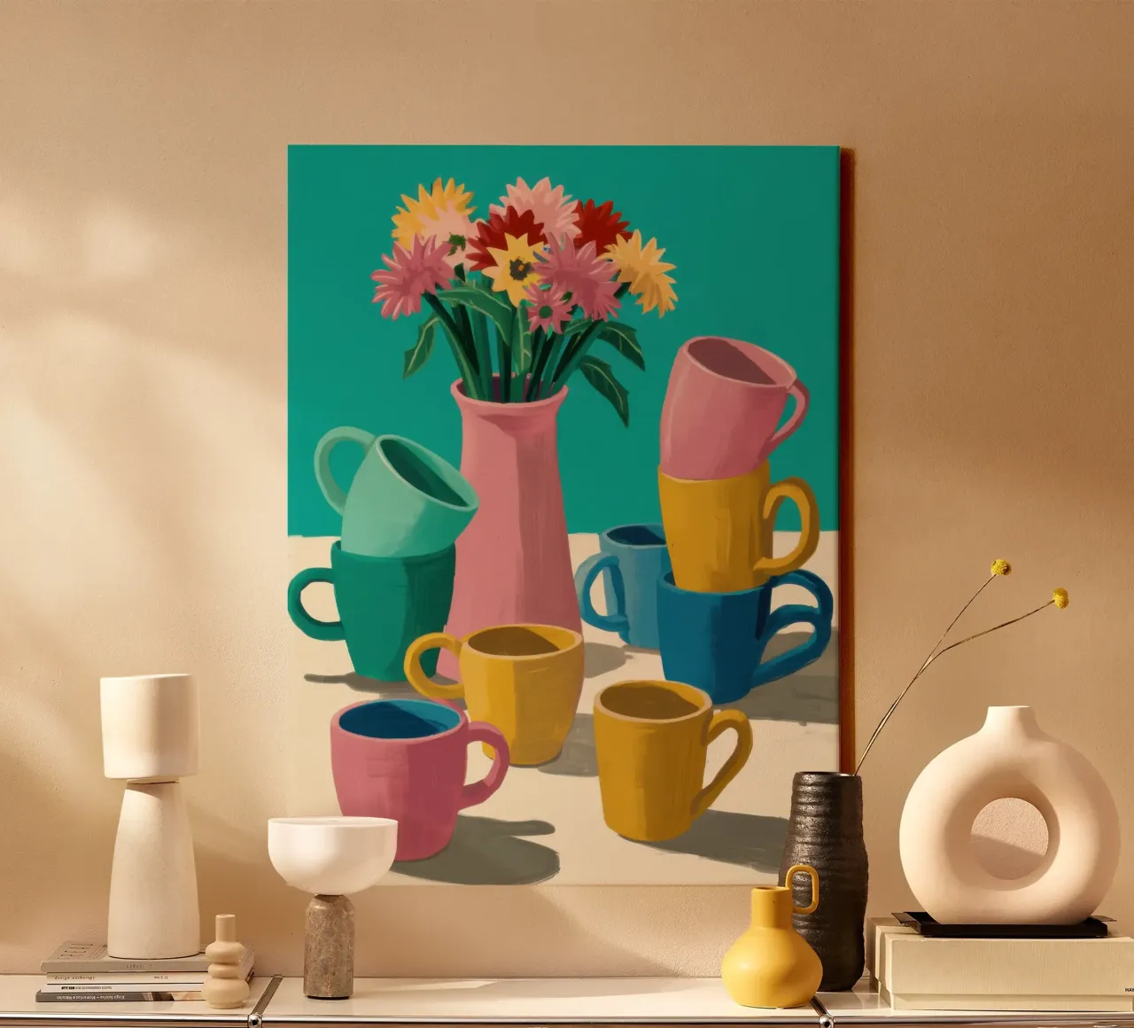 Stapel kleurrijke mokken canvas met Baklijst van Trace Brush