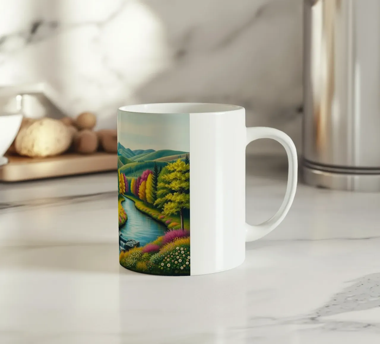 Un caleidoscopio di colori autunnali e un paesaggio acquatico sereno tazza in ceramica da Artistic-shop