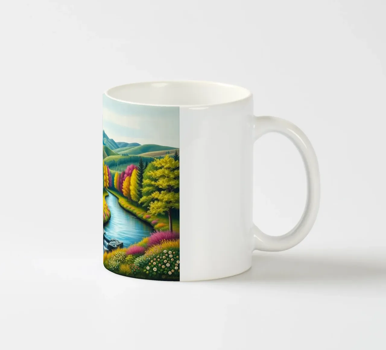 Un caleidoscopio di colori autunnali e un paesaggio acquatico sereno tazza in ceramica da Artistic-shop
