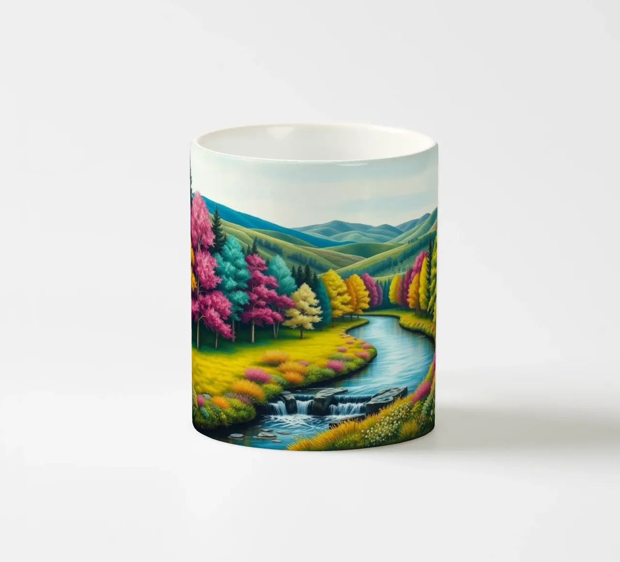 Un caleidoscopio di colori autunnali e un paesaggio acquatico sereno tazza in ceramica da Artistic-shop