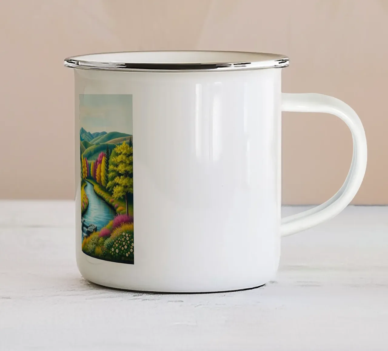 Un caleidoscopio di colori autunnali e un paesaggio acquatico sereno tazza in smalto da Artistic-shop