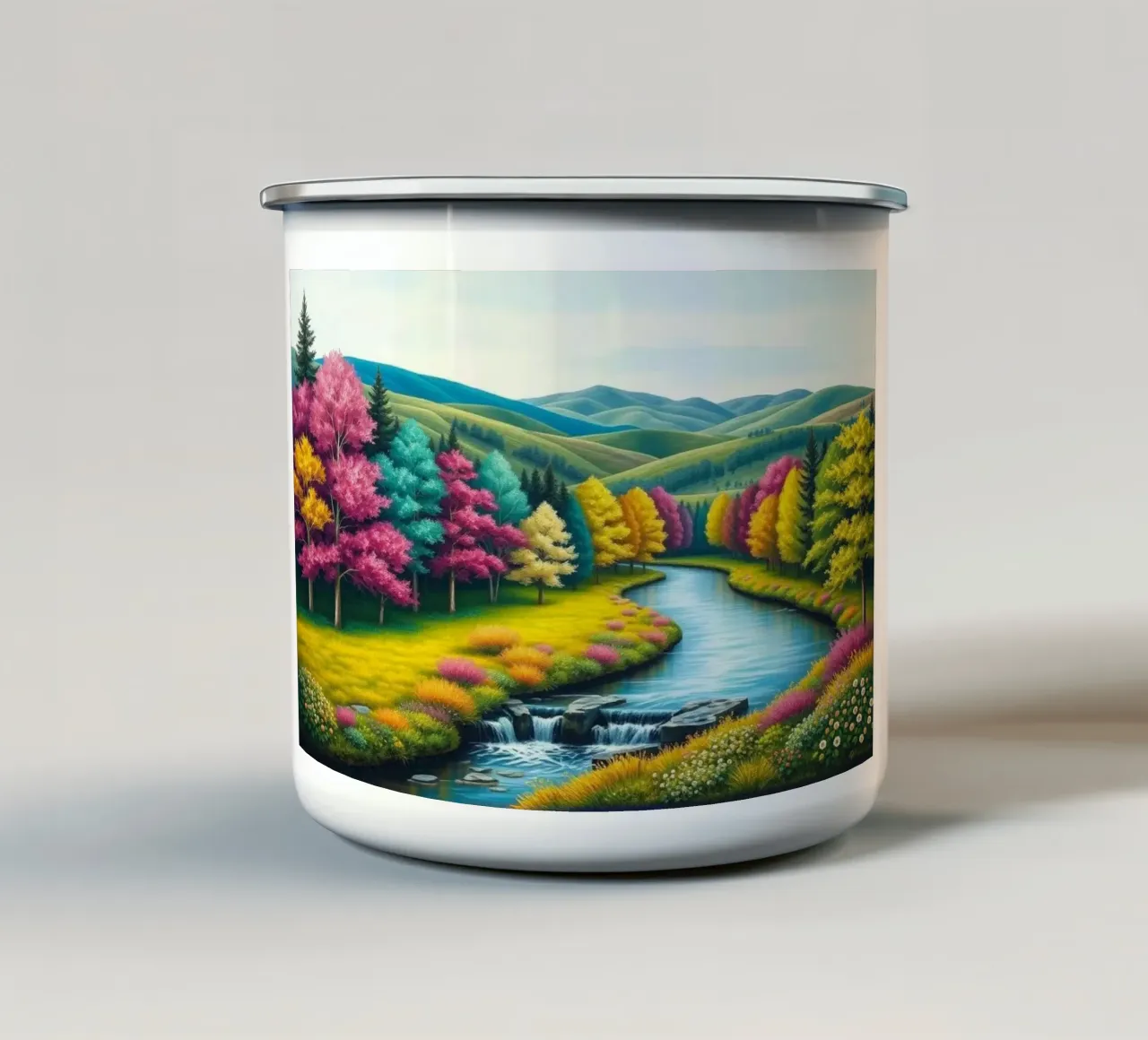 Un caleidoscopio di colori autunnali e un paesaggio acquatico sereno tazza in smalto da Artistic-shop