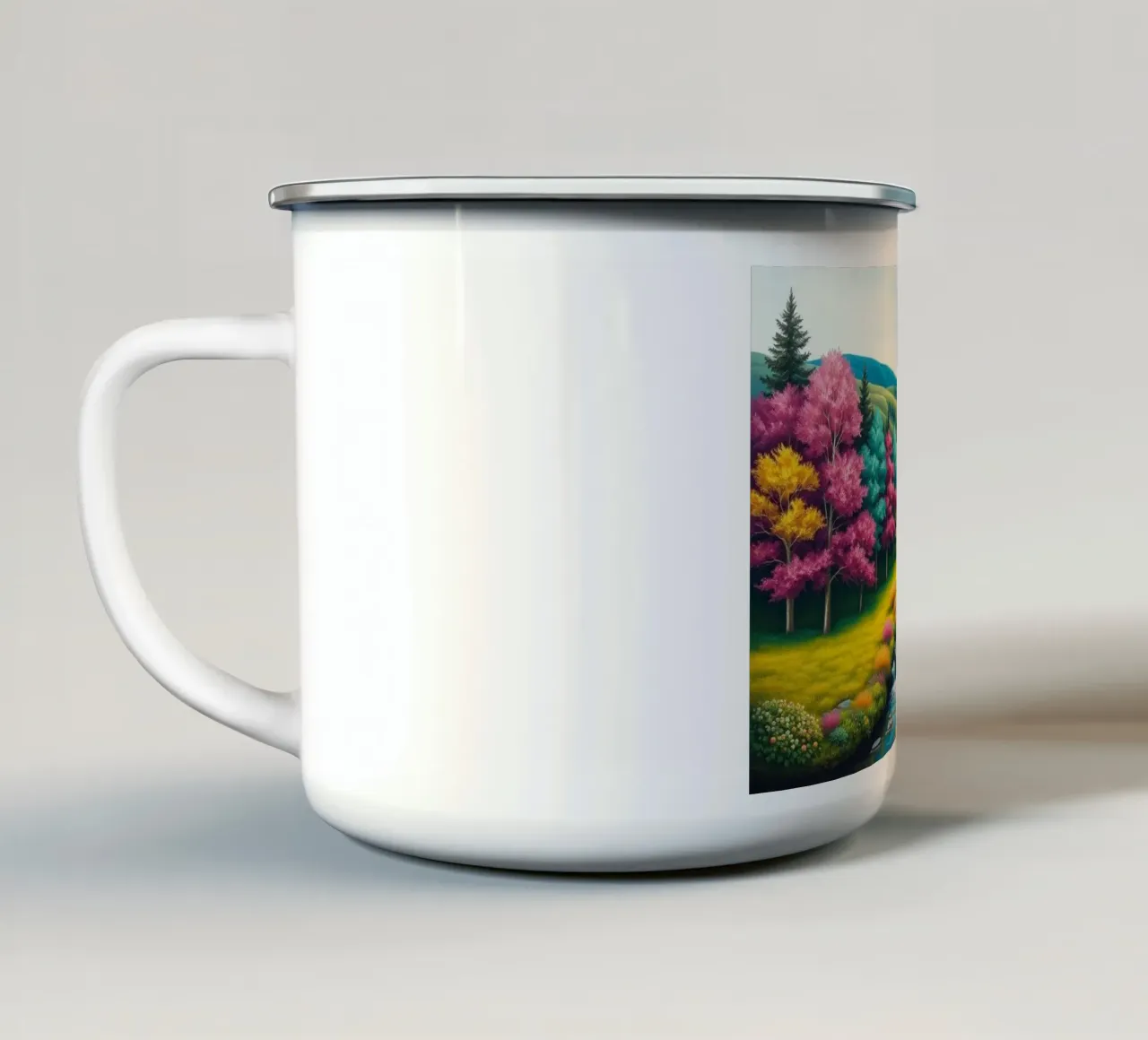 Un caleidoscopio di colori autunnali e un paesaggio acquatico sereno tazza in smalto da Artistic-shop