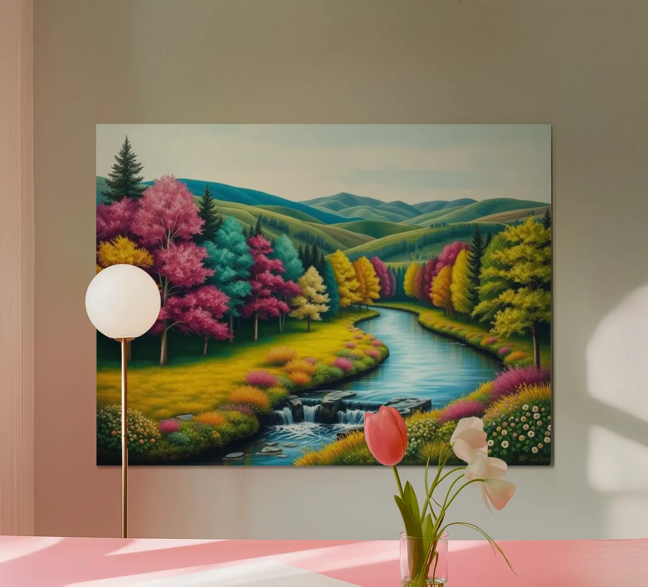 Un caleidoscopio di colori autunnali e un paesaggio acquatico sereno poster con telaio in alluminio da Artistic-shop