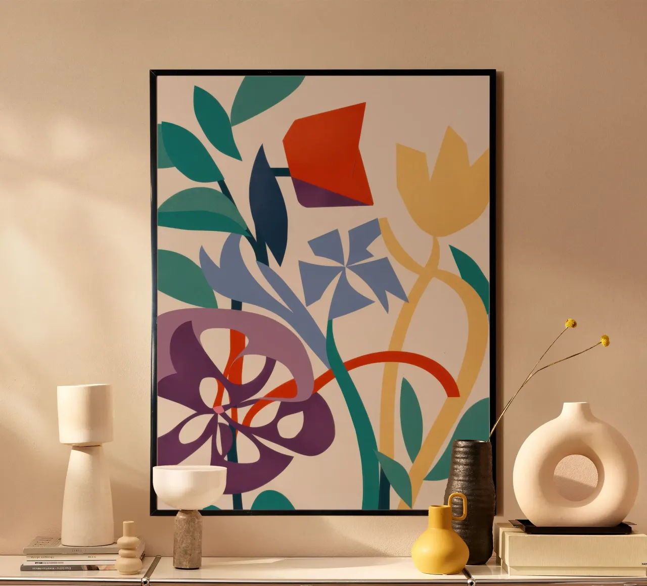 Giardino astratto di tulipani poster con telaio in legno da Irish Strokes