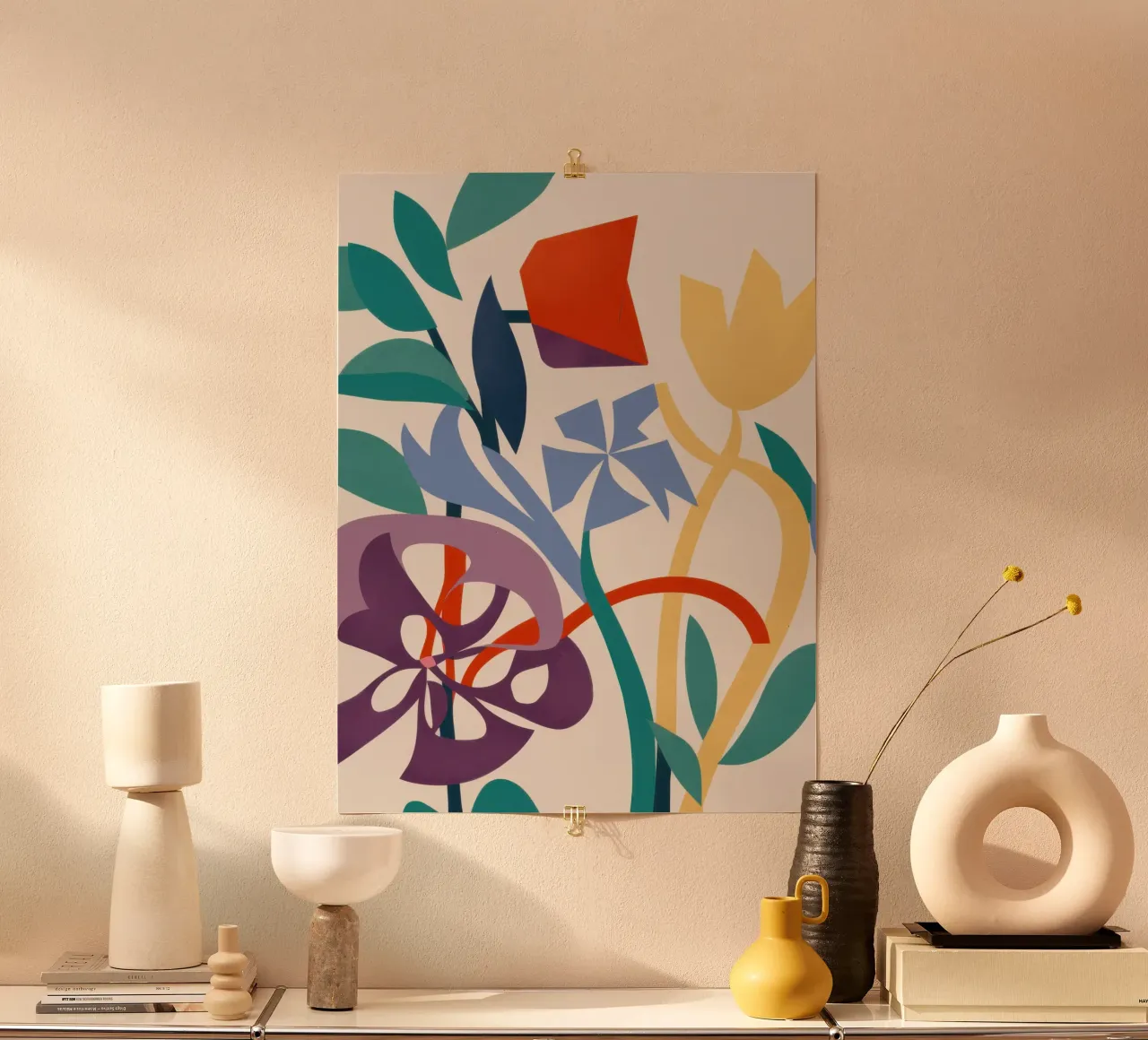 Giardino astratto di tulipani poster con telaio in legno da Irish Strokes