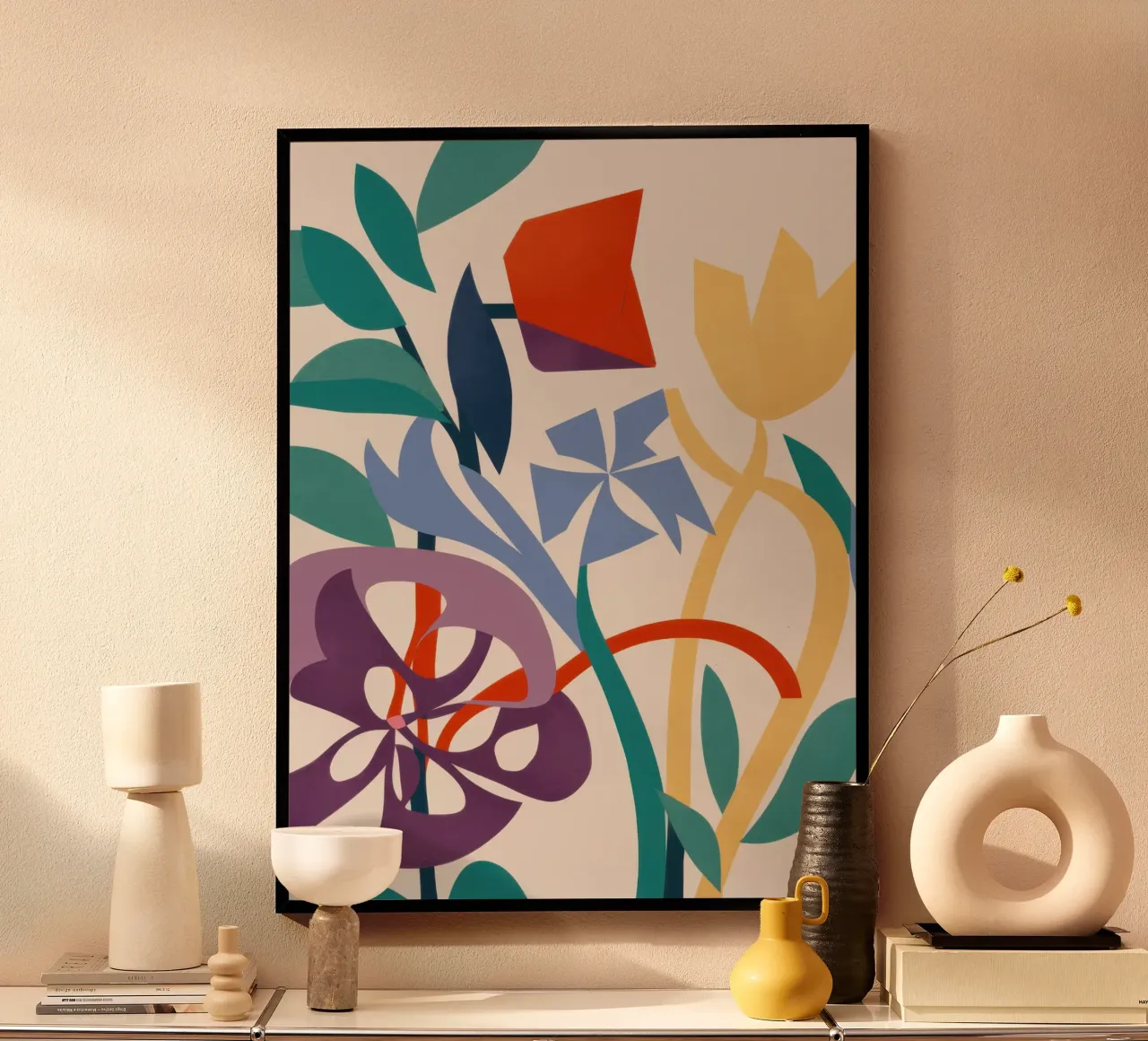 Giardino astratto di tulipani poster con telaio in legno da Irish Strokes
