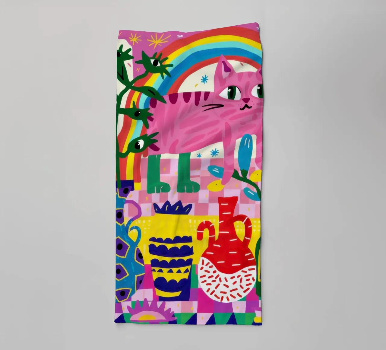 Psychedelic Rainbow Cat towel by Luna Aura