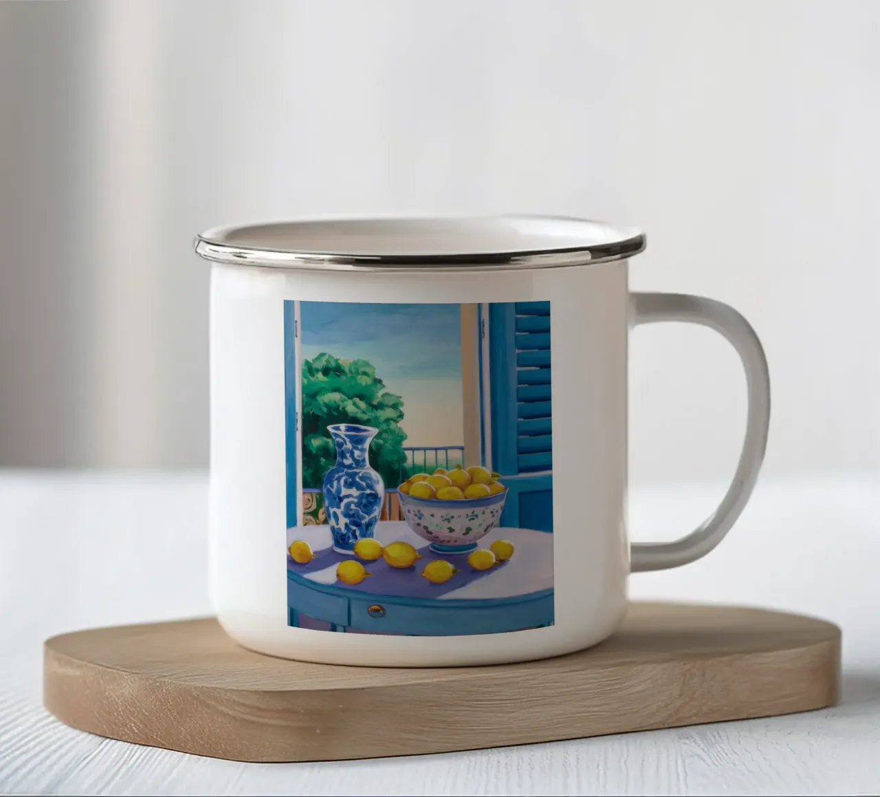 Finestra con i limoni tazza in smalto da Trace Brush