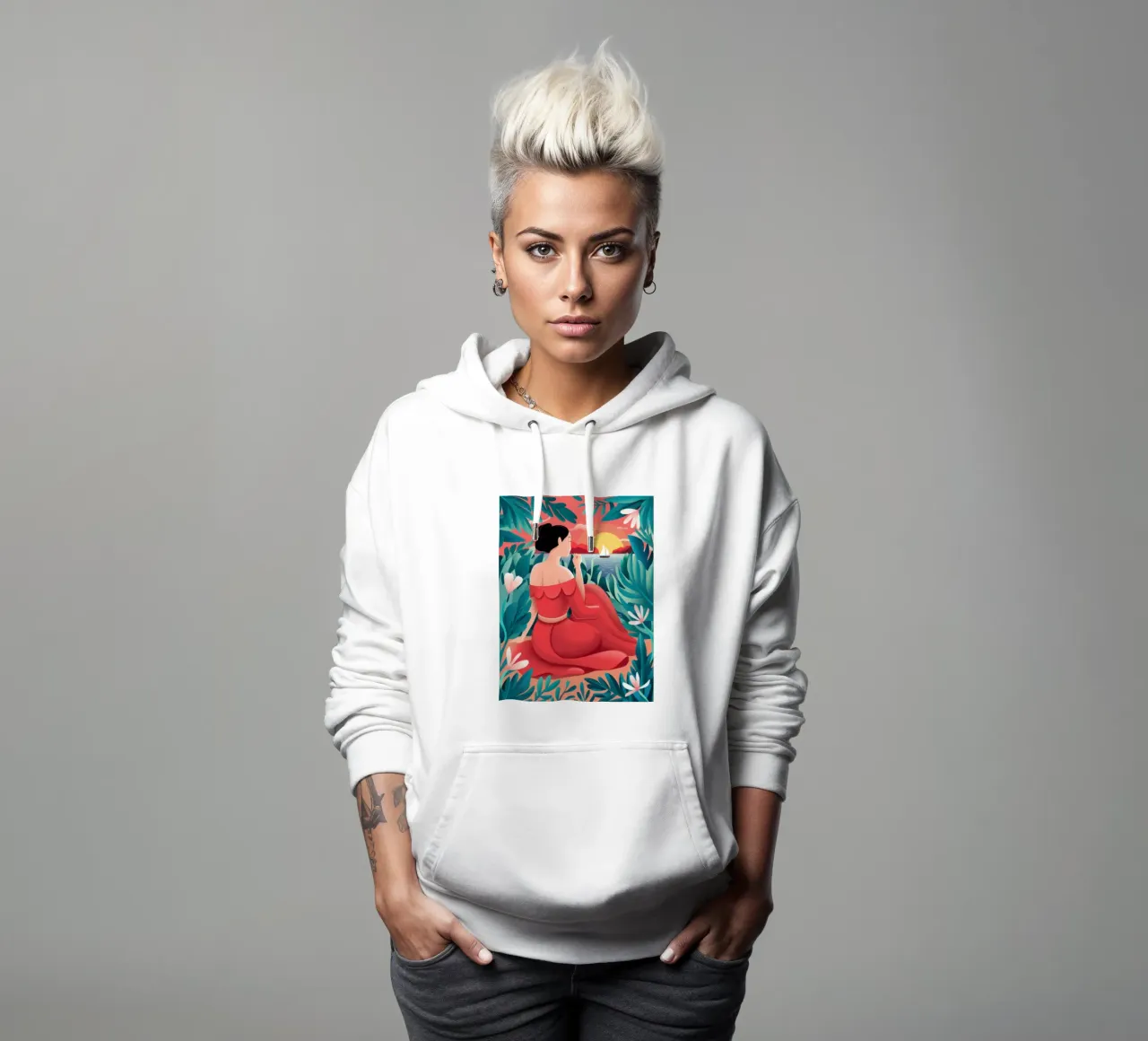 Donna in rosso felpa con cappuccio da Gaia Viesta