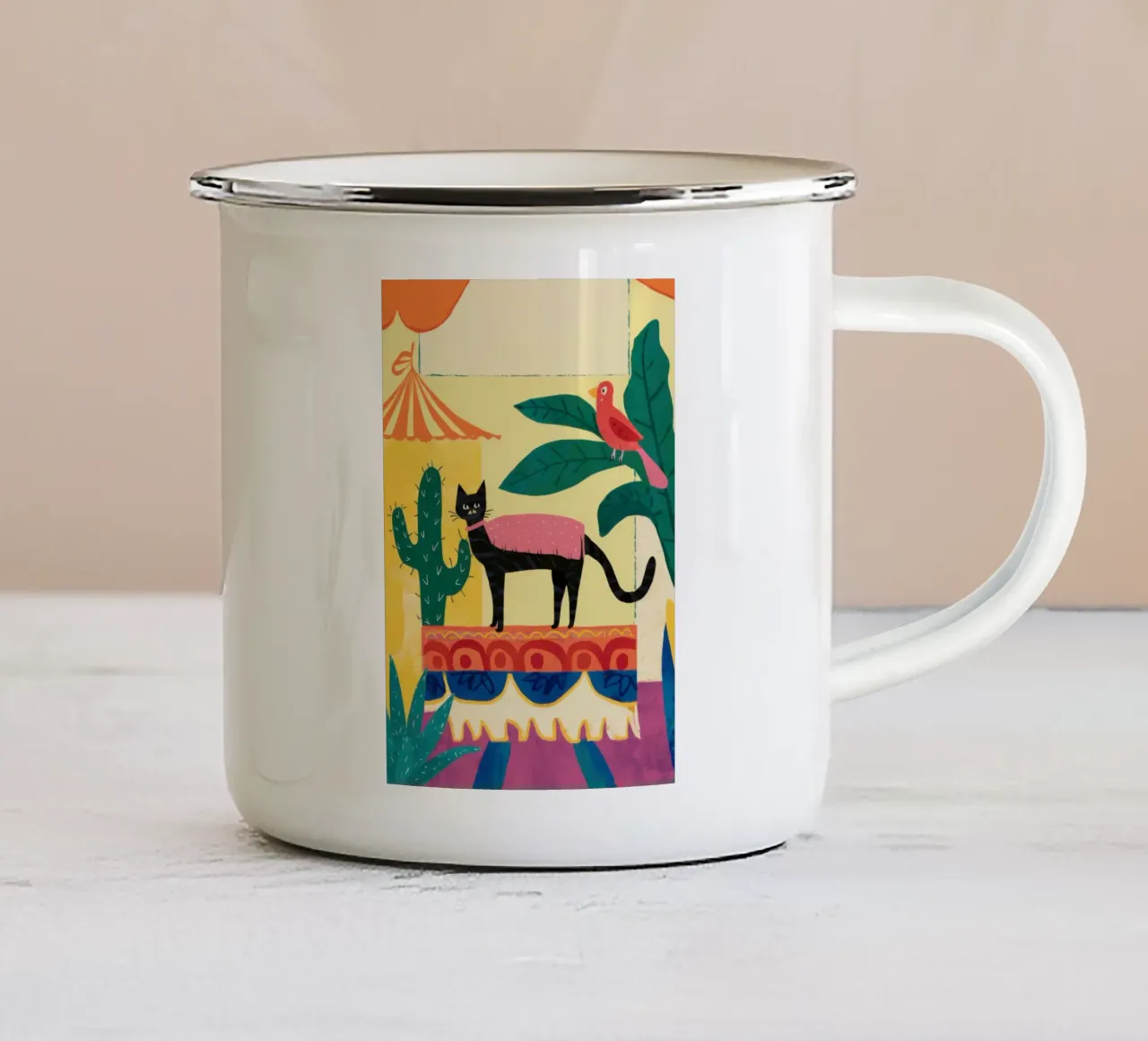 Totem gatto del deserto tazza in smalto da Trace Brush