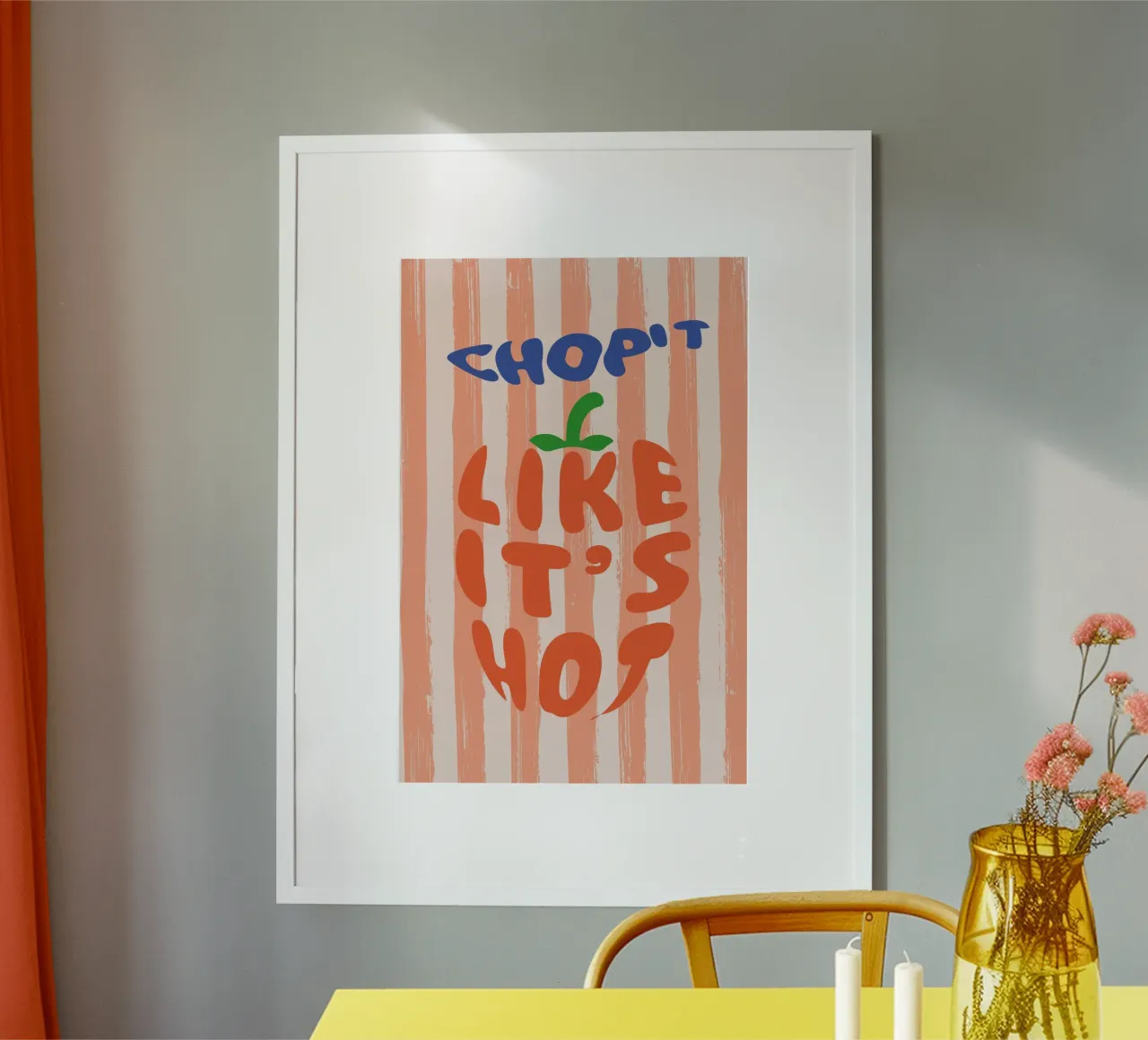 Chop It Like It's Hot - Messer und Paprika - Küchendesign poster con telaio in alluminio da Typo Designs