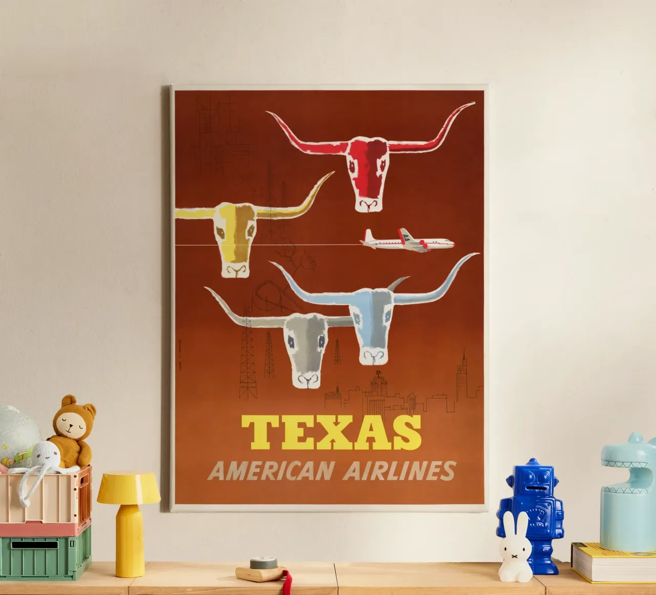 Vintage Texas American Airlines Reis Poster Kunstdruk canvas met Baklijst van homdeco
