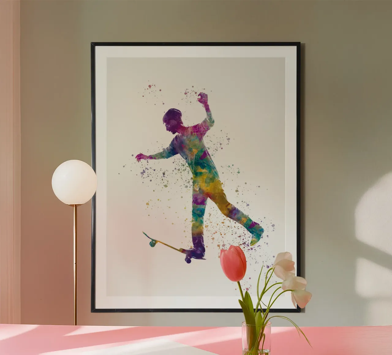 Pattinatore ad acquerello poster con telaio in legno da ⚽ Sports Pulse