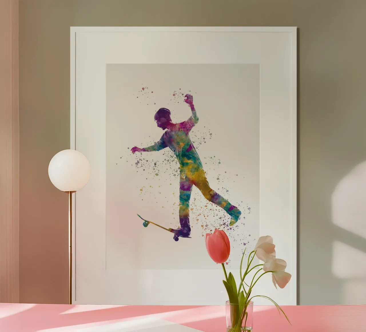 Pattinatore ad acquerello poster con telaio in legno da ⚽ Sports Pulse