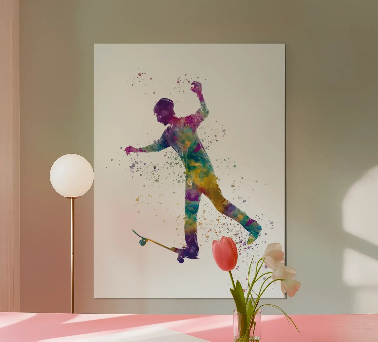 Pattinatore ad acquerello poster con telaio in legno da ⚽ Sports Pulse