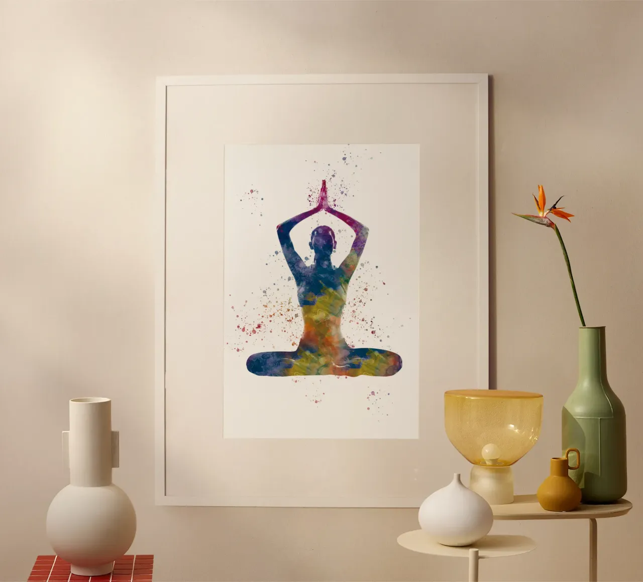 Praticare lo yoga con l'acquerello poster con telaio in legno da ⚽ Sports Pulse