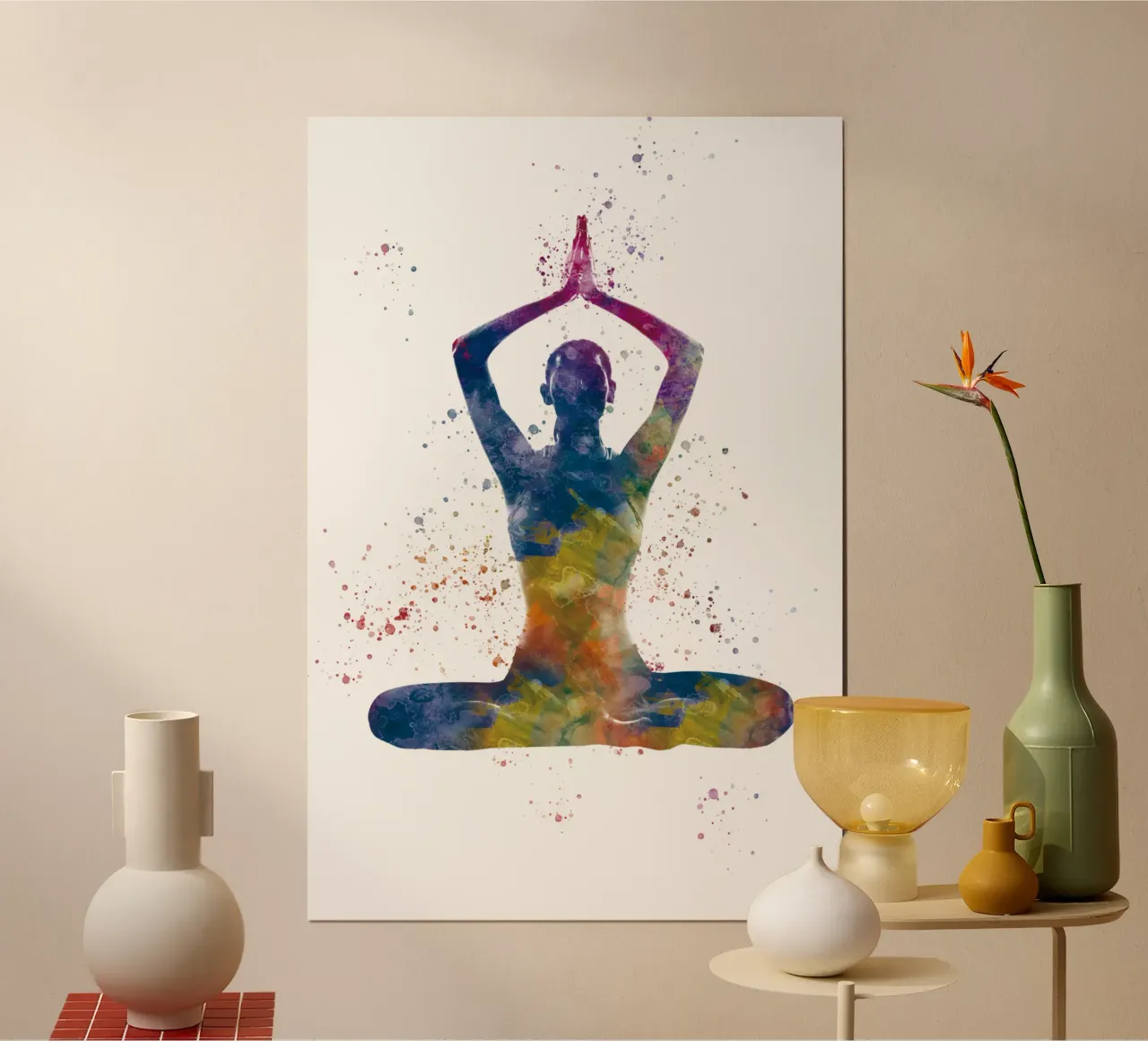 Praticare lo yoga con l'acquerello poster con telaio in legno da ⚽ Sports Pulse